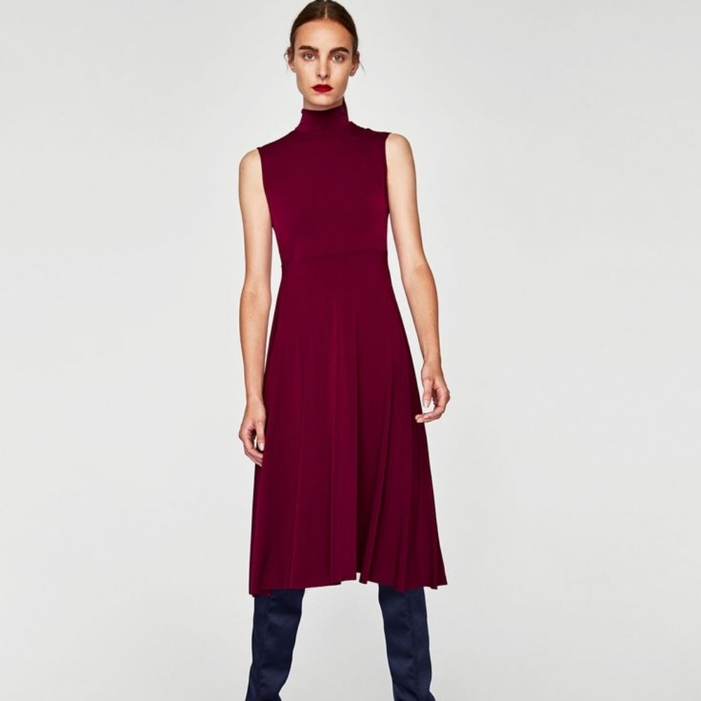 NWT Zara Burgundy XS S Plum Bow Neck Tie Bow Jersey Fit Flare Flowy A-Line Midi - Picture 3 of 17